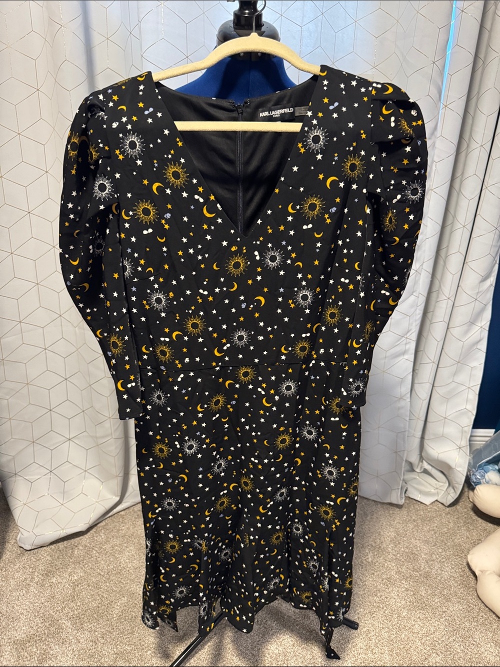 Karl Lagerfeld Black Midi Dress with Gold & White Celestial Print